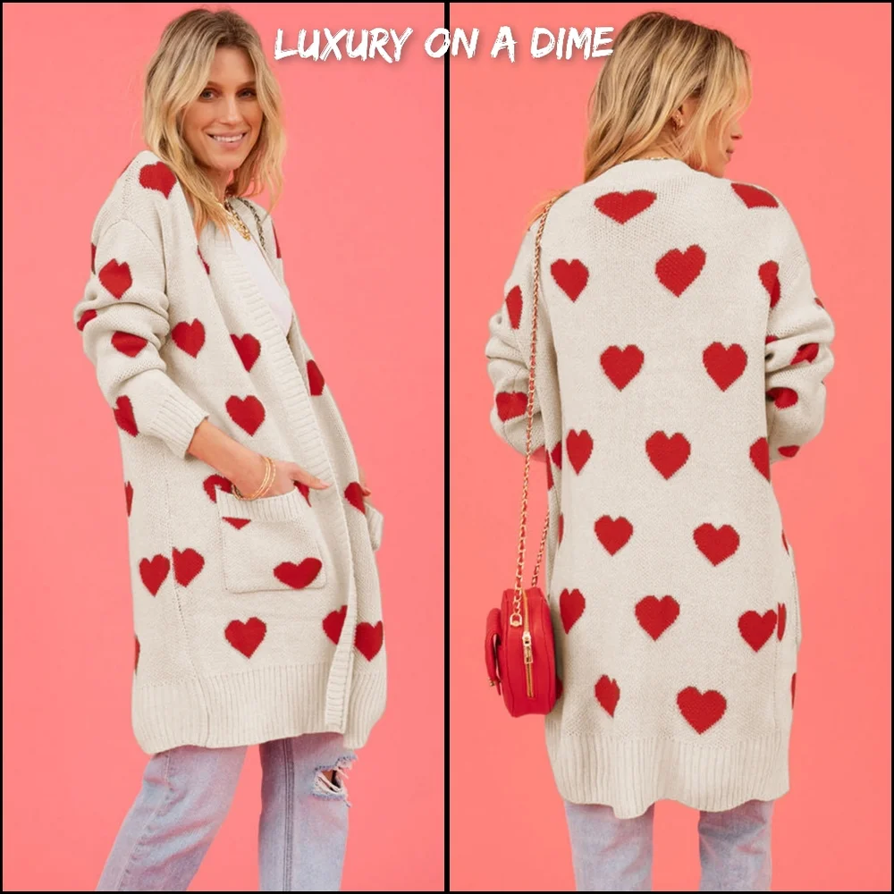 Contrasting Heart Knit Open Front Longline Pocket Sweater Cardigan Valentine - Picture 5 of 9